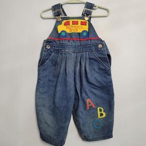 Vintage 90s Y2K Denim Overalls Pleated School Bus ABC's Girls Size 12-month